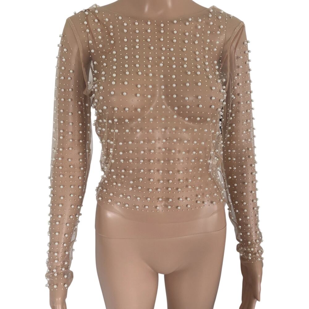 Haute Monde Pearl Beaded Mesh Sheer Long Sleeves Top S Nude Coquette Party NWT